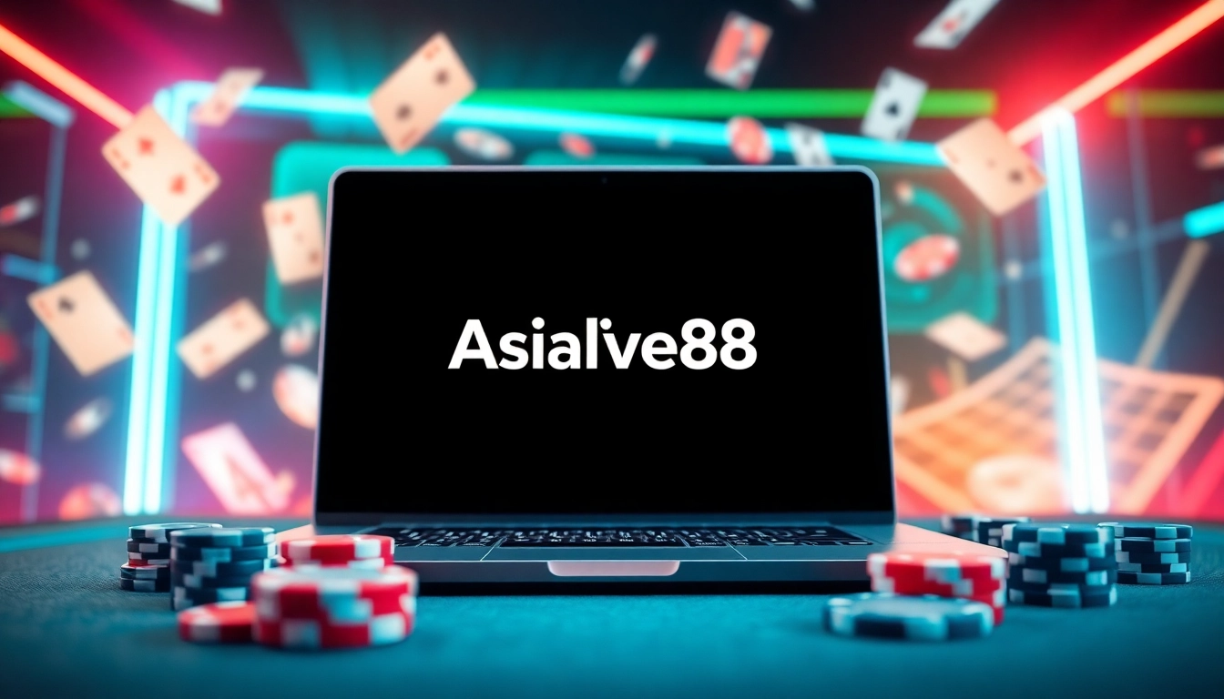 Masuk ke permainan Asialive88 Login game dengan latar belakang kasino digital yang berkilau.