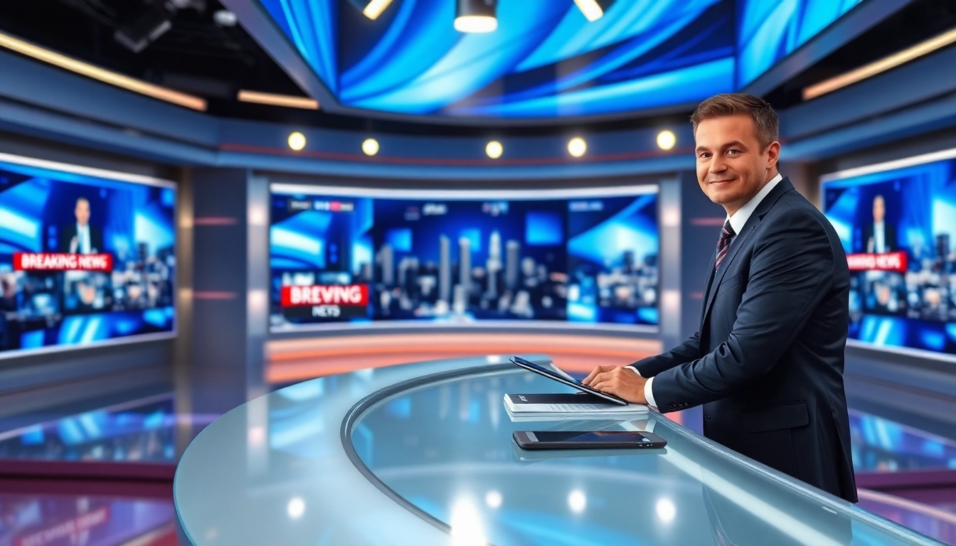 News broadcast featuring a professional anchor in a modern studio with dynamic headlines.