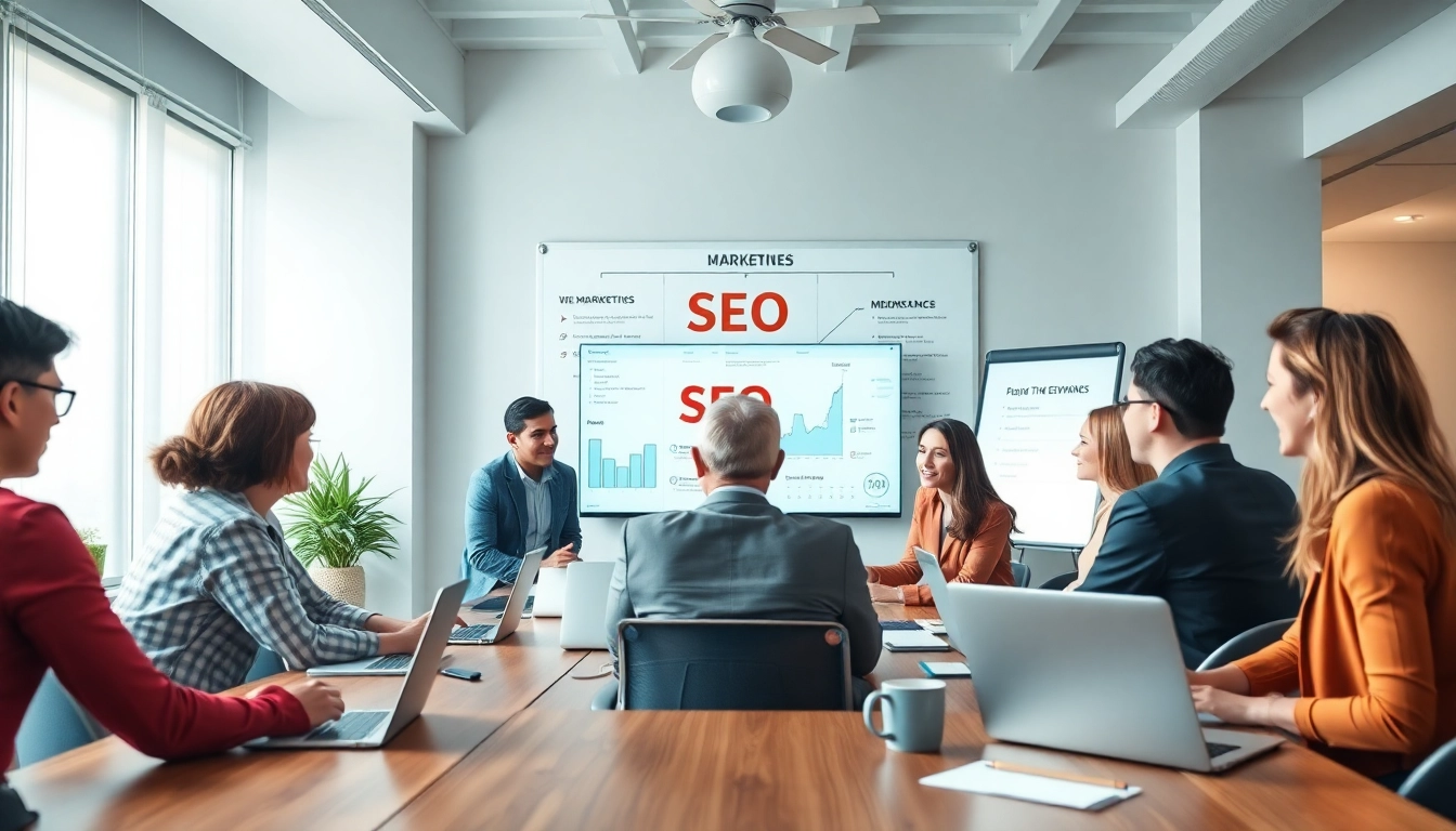 SEO Agentur Team diskutiert Strategien in modernem Büro.