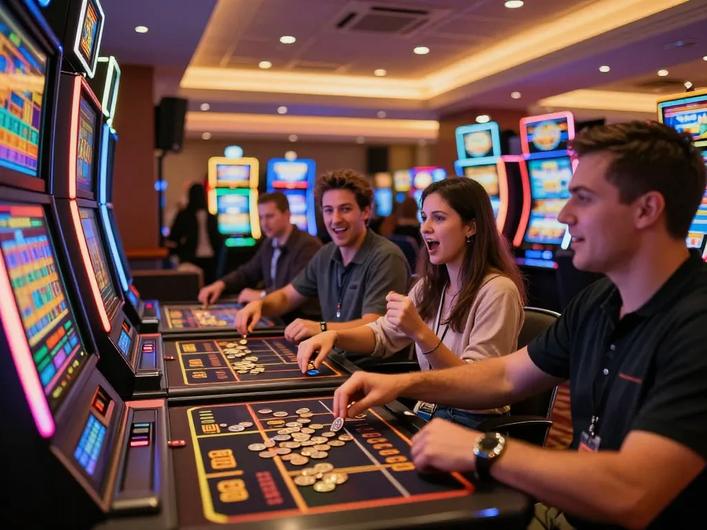 Players celebrating wins at slot777 machines in a lively casino atmosphere, showcasing excitement and gaming experience.