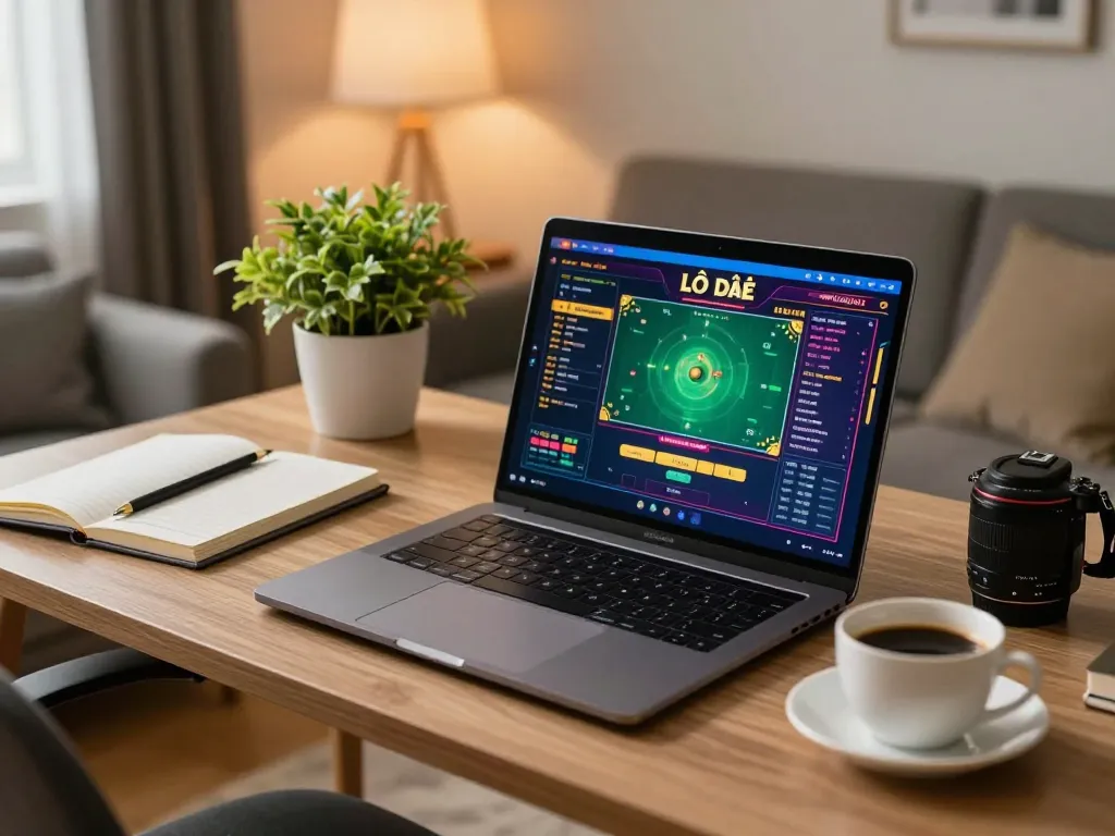 Lô đề online gameplay on a laptop in a cozy home office, showcasing gambling strategy.