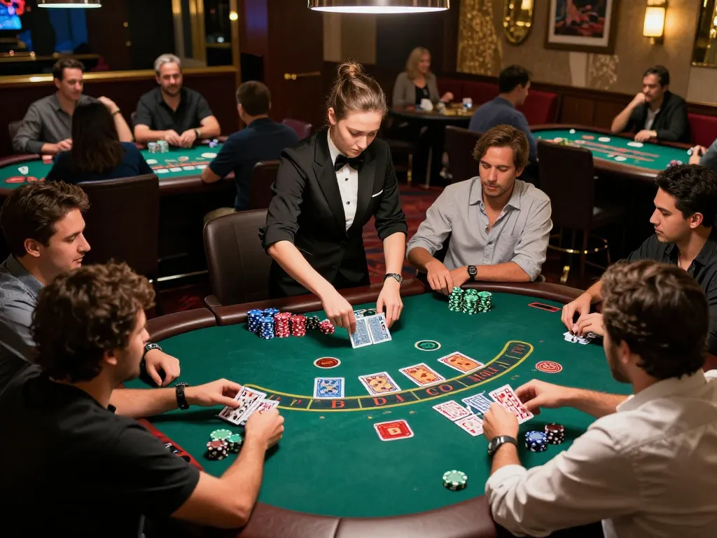 Pemain menyusun strategi di meja blackjack saat bermain paris888, memperlihatkan suasana kasino yang menarik dan dealer profesional.
