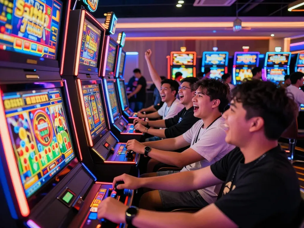 Players celebrating wins at slot gacor 777 machines, showcasing vibrant casino atmosphere.