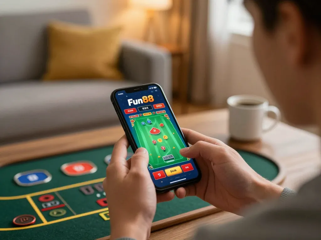 Engaging with the Fun88 mobile app for live dealer gaming, showcasing immersive gambling experience