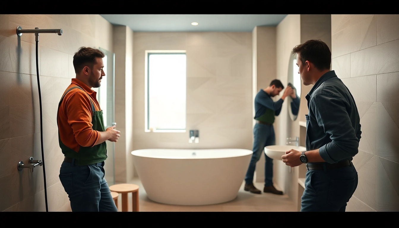 Skilled bathroom fitters Manchester installing modern fixtures in a stylish bathroom.