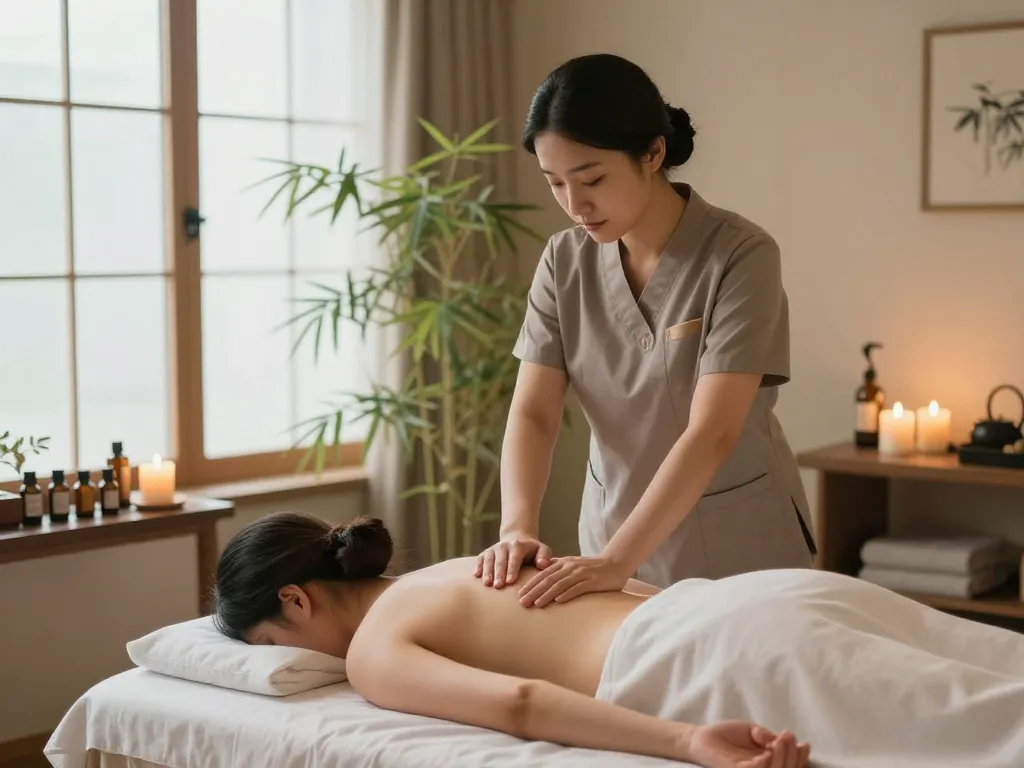 신사동마사지 therapy session in a tranquil spa with soothing ambiance.