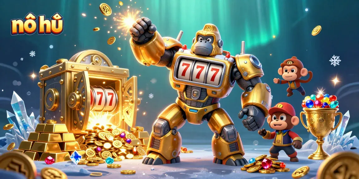 Experience nổ hũ excitement with a golden gorilla mech among treasures in this vibrant casino scene.