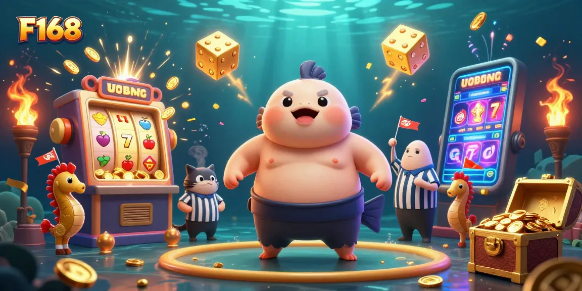 Experience F168's thrilling underwater casino scene with a blowfish, catfish referee, and winning symbols!