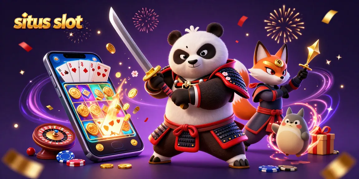 Experience thrilling action at situs slot with a 3D samurai panda and ninja fox amidst rotating slot games and confetti.