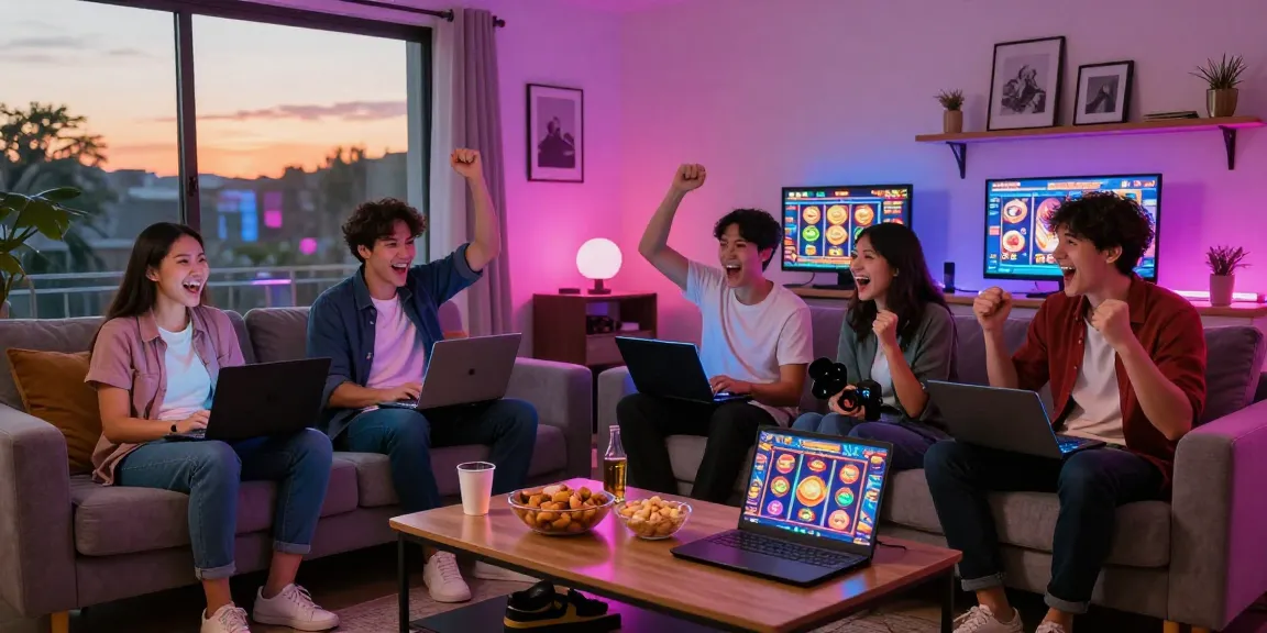 Excited players engaging with slot deposit 1k games in a vibrant living room.