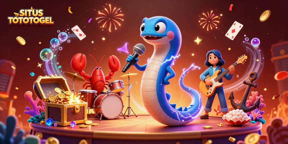 SITUS TOTOTOGEL showcases a vibrant underwater casino scene with DJ eel and band, featuring dynamic game elements.