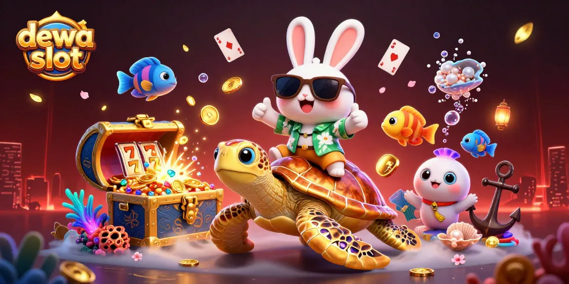 Gambarlah dewa slot dengan kelinci beruntung dan kura-kura emas yang memancarkan keberuntungan di lautan
