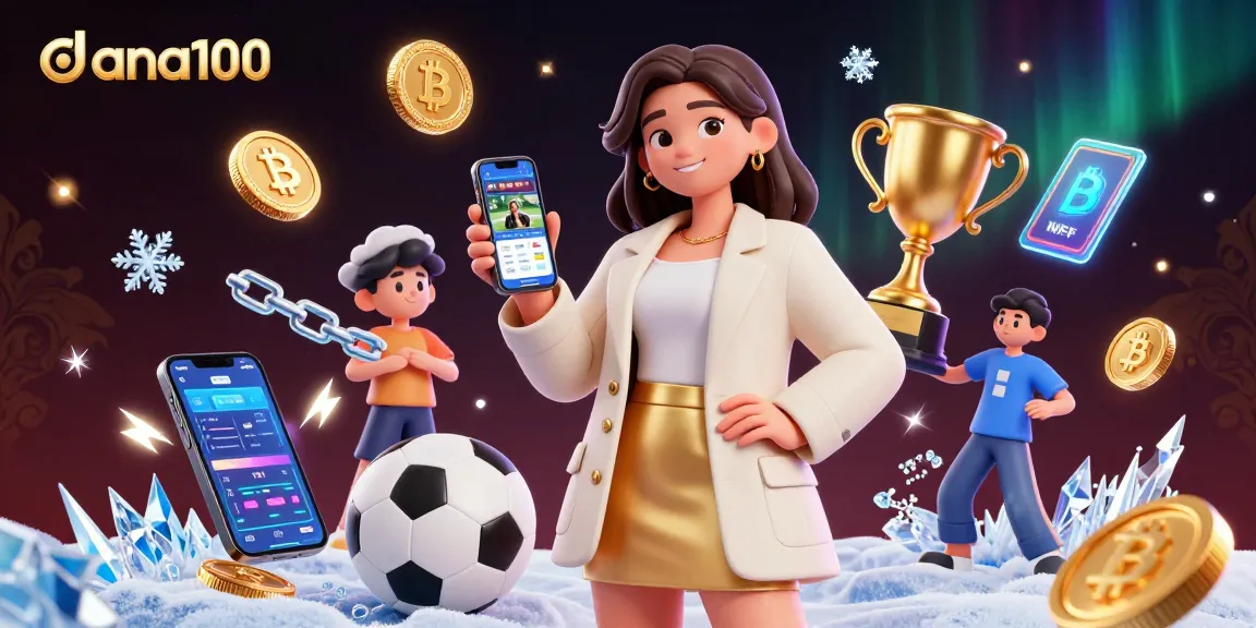 Bet on dana100 with a photorealistic Asian woman holding a smartphone, surrounded by dynamic sports and crypto elements.