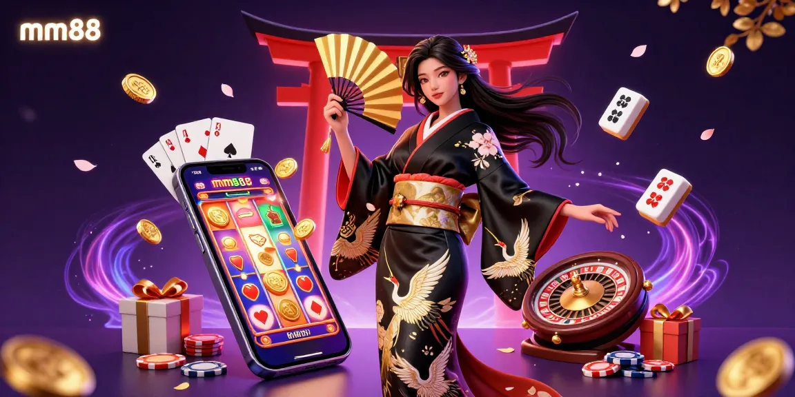Experience mm88 with an elegant Asian woman at a vibrant casino scene featuring dynamic slot games and a rich atmosphere.