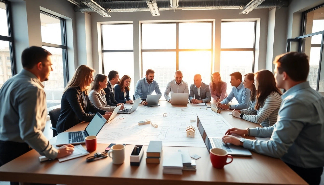 Construction member organization professionals discussing blueprints in a modern office.