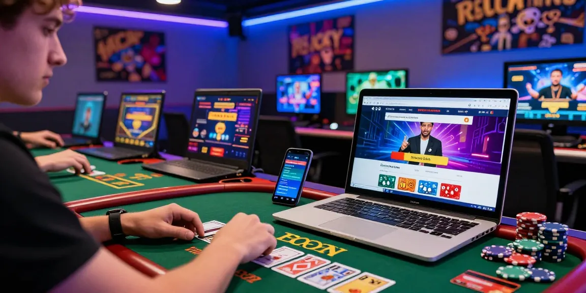 Exciting gameplay at credit card casinos uk with laptop, smartphone, and cards in a vibrant gaming room.