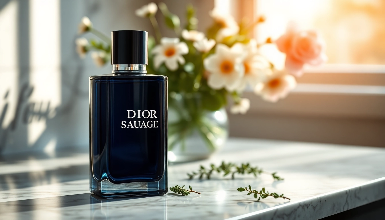 Dior sauvage fragrance bottle on a marble counter, showcasing its elegance.