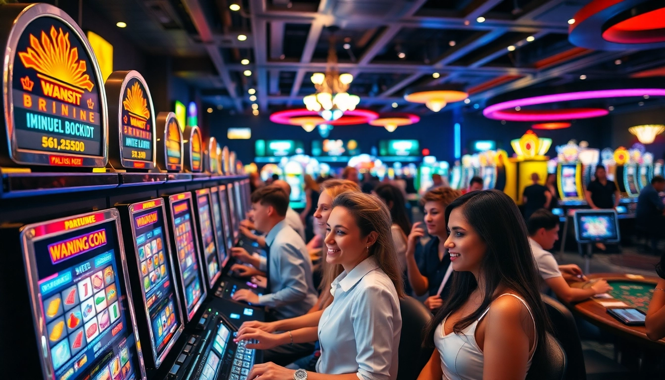 Permainan di situs pgbet dengan mesin slot yang berwarna-warni dan suasana hidup.