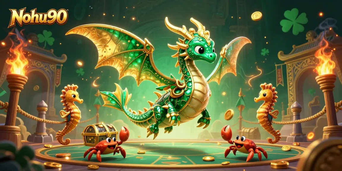Nohu90 showcases a vivid underwater scene featuring a majestic sea dragon, emphasizing online gambling excitement with treasure chests and animated elements.