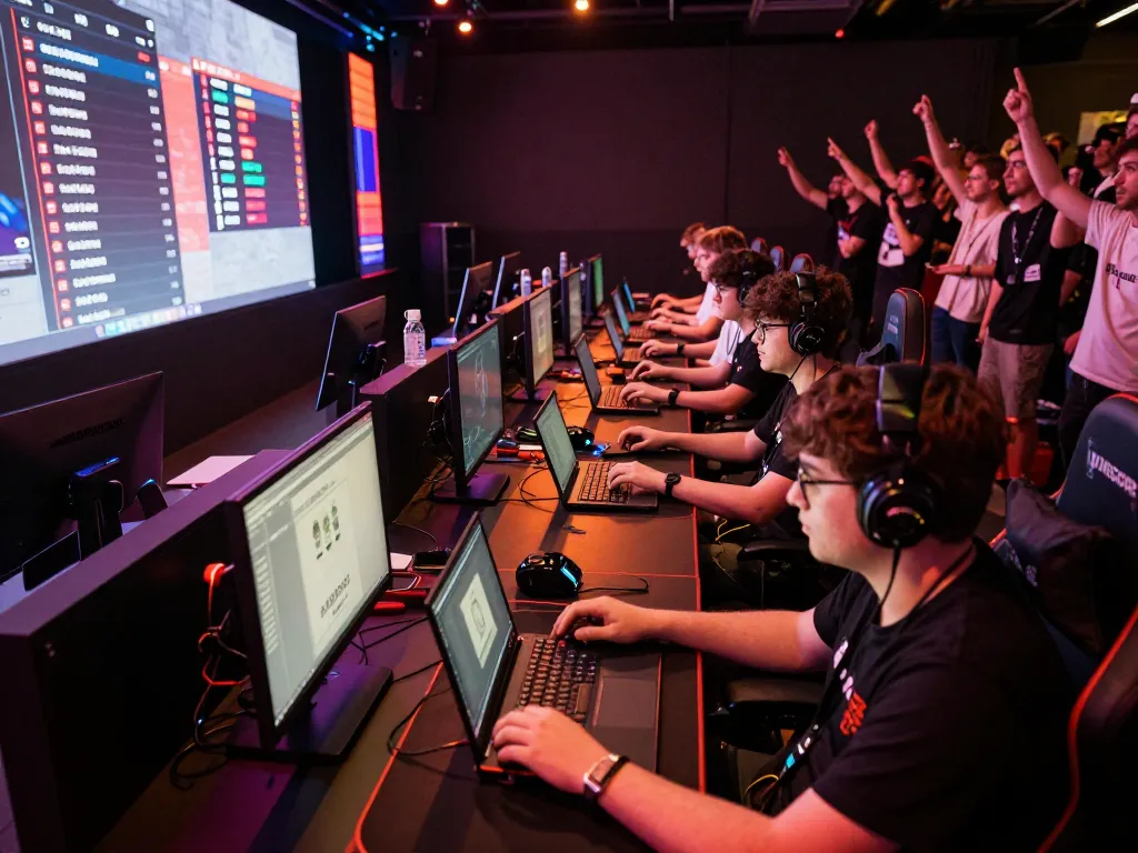 IDNSCORE players engaged in a competitive online gaming tournament with vibrant atmosphere and leaderboard displays.