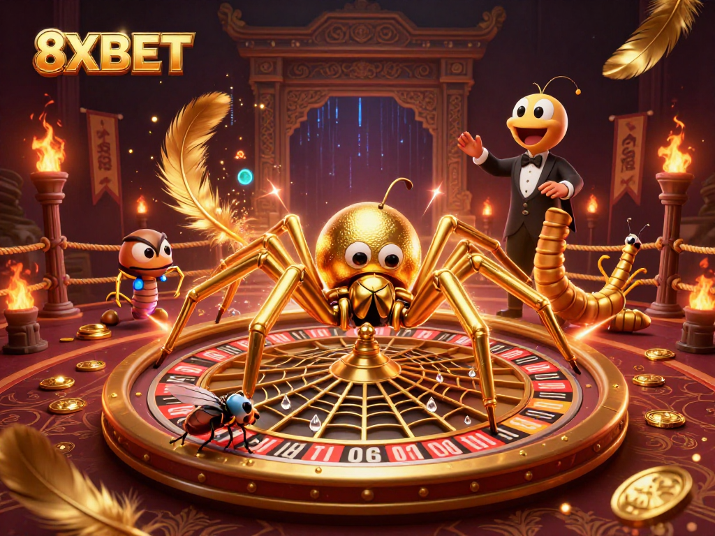 Experience thrilling bets with 8XBET in a vibrant roulette-themed 3D scene.