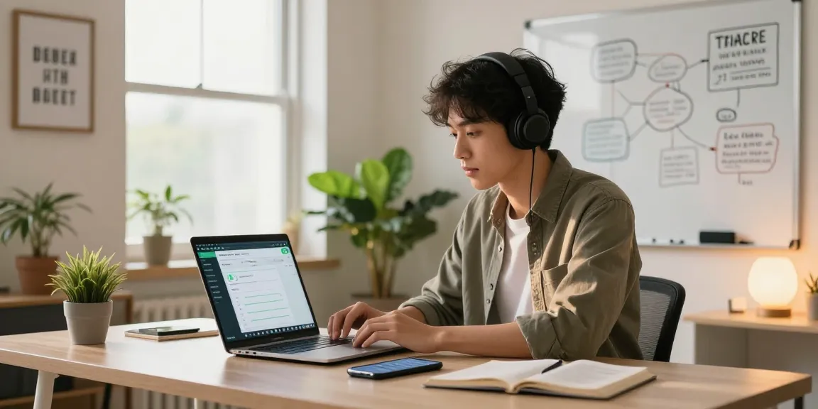 Engaged professional using WhatsApp網頁版 in a modern home office setup with natural lighting and organized workspace.