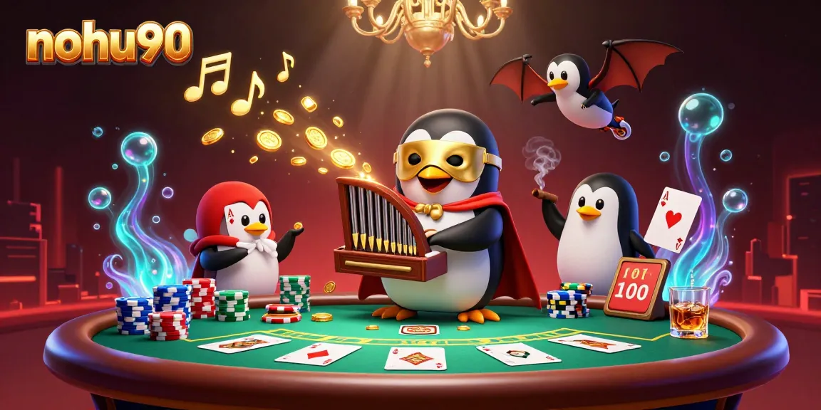 Nohu90 showcases an exciting casino scene featuring a phantom opera penguin and dynamic poker elements.