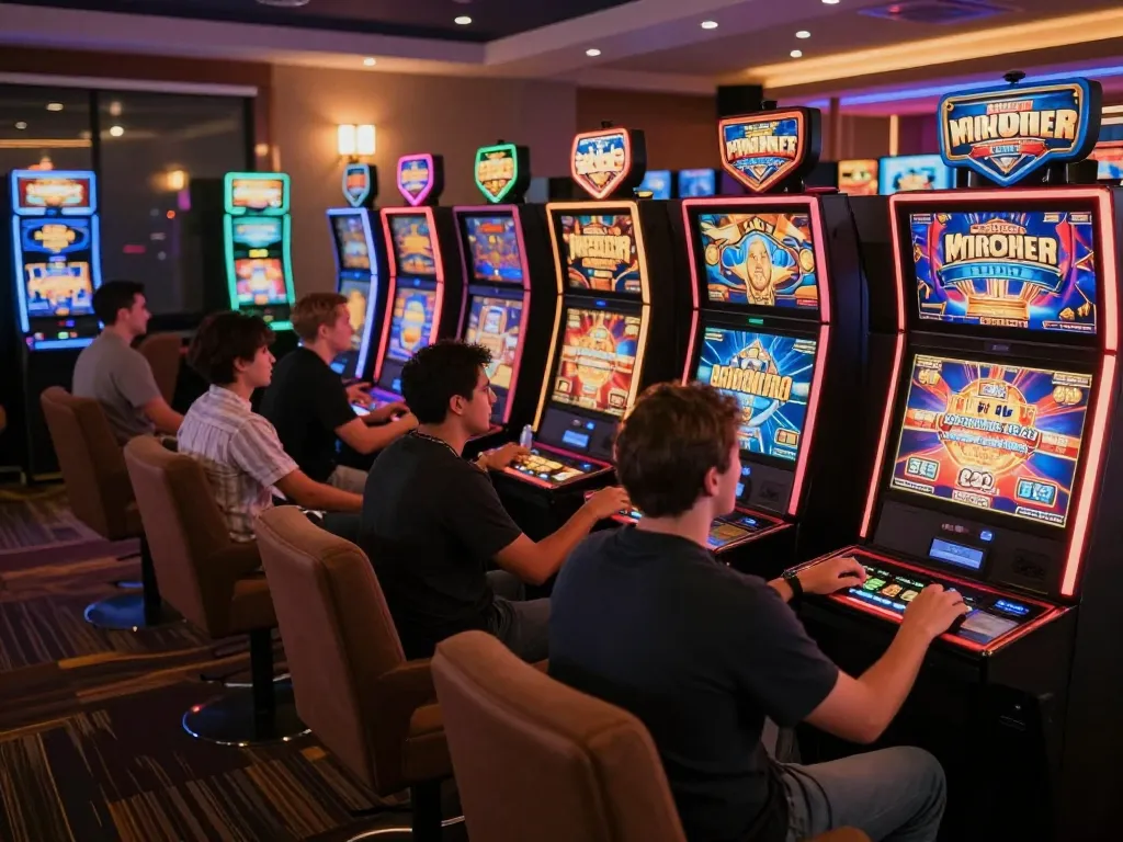 Exciting players engaging with LGOLUX slot machines in a vibrant online casino atmosphere