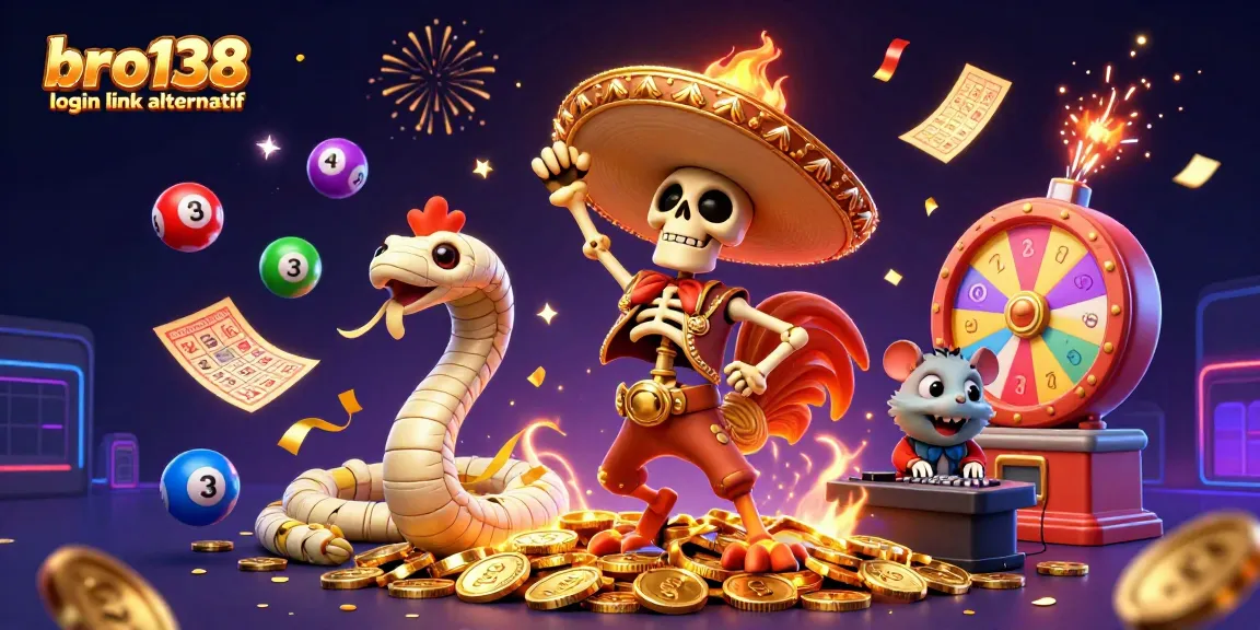 Engage with bro138 login link alternatif through vibrant visuals of lottery balls, prize wheels, and festive characters.