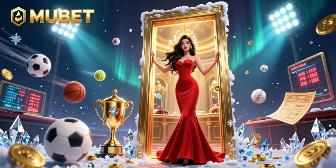 MUBET showcases an elegant Asian woman in a luxurious casino doorway, surrounded by dynamic sports elements and golden treasures.