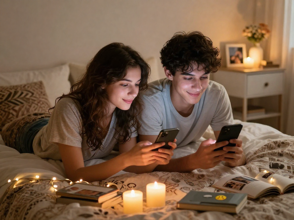 Couple using sexting ai in a cozy bedroom, engaging in flirtatious texting, romantic atmosphere with warm lighting.