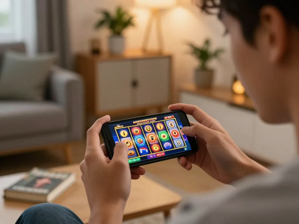 Engaging player spins slots on smartphone, showcasing vibrant online gaming experience at home