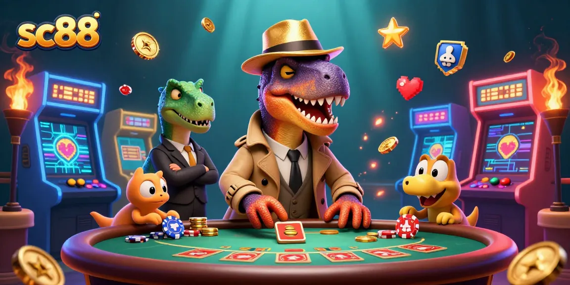 Engage in thrilling gameplay at sc88 with an animated velociraptor card counter amidst colorful arcade elements.