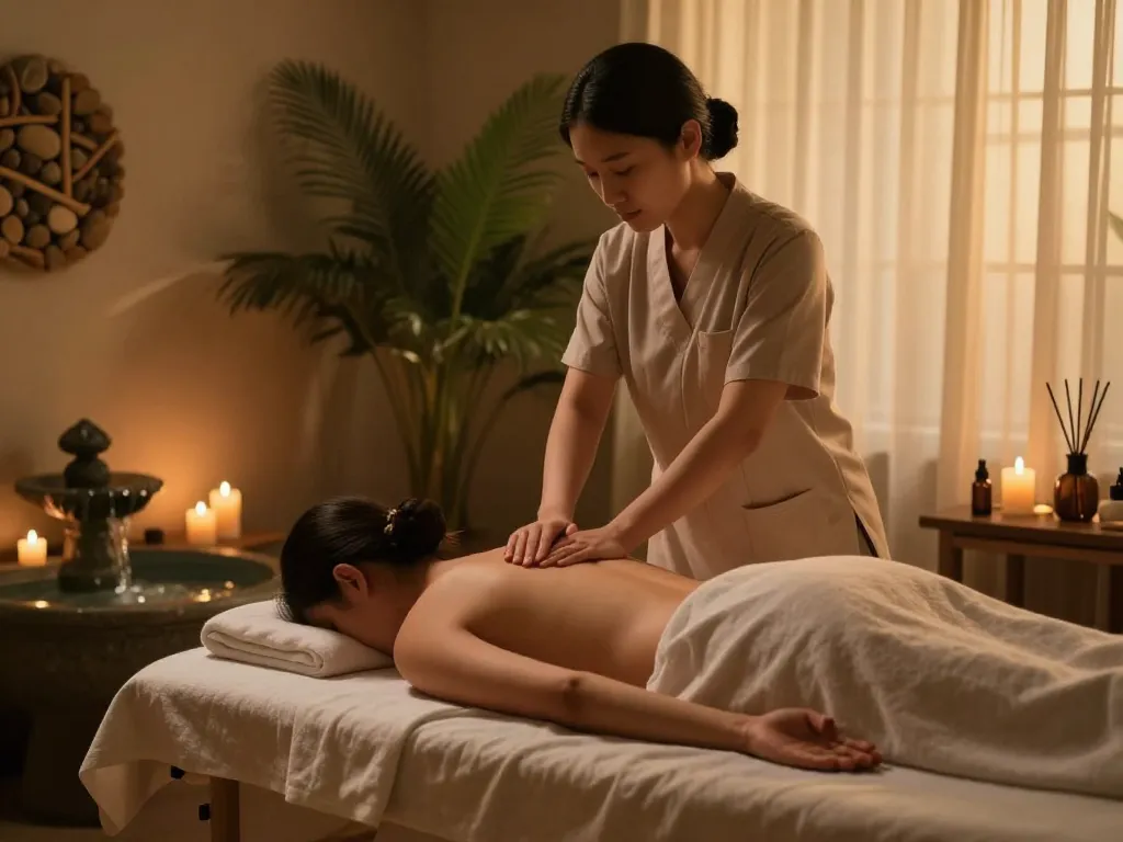 Relaxing ambiance of a 잠실스웨디시 spa treatment featuring a tranquil therapist and essential oils.