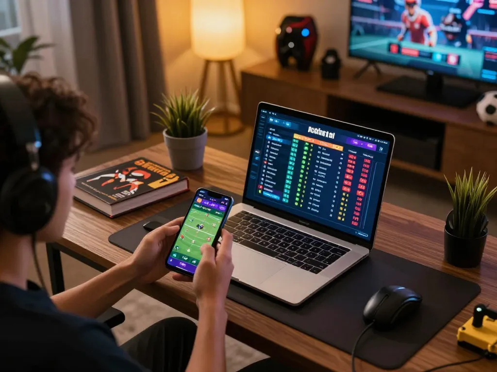 Place bets on nhà cái fly88 in a stylish online gaming setup with sports betting decor.