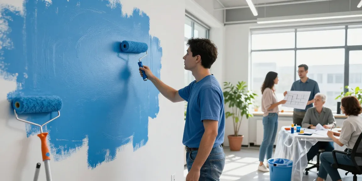 Commercial painters Sarasota County FL transforming office space with vibrant paint, enhancing workspace aesthetics and productivity.