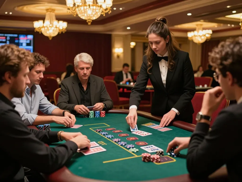 Players strategizing at a blackjack table in a vibrant casino atmosphere with UGDEWA action and excitement.