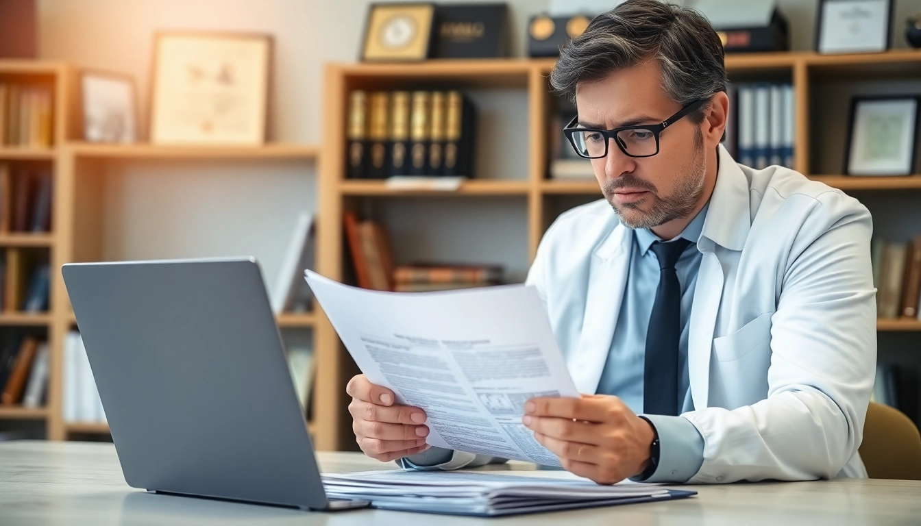 Consultant reviewing grants and pre-post award compliance documents in a modern office.