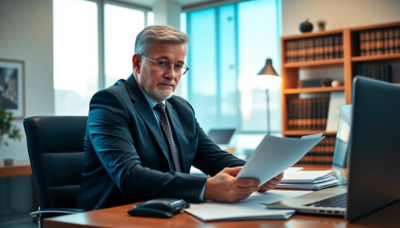 Strafverteidiger prüft Fallakten in modernem Büro, Vertrauen ausstrahlend.