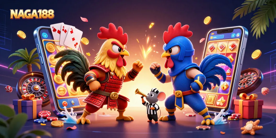 NAGA188 menampilkan duel ayam petarung 3D dalam suasana kasino penuh kemewahan dan permainan menarik.