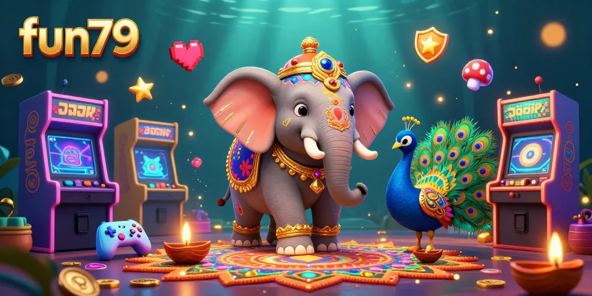 Experience the excitement of fun79 through colorful gambling-themed illustration featuring a Diwali elephant.