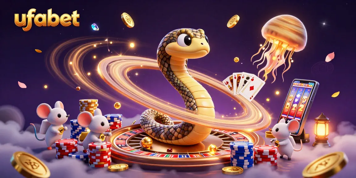 Experience thrilling betting with ufabet as a cartoon Saturn ring snake swirls around a roulette wheel.