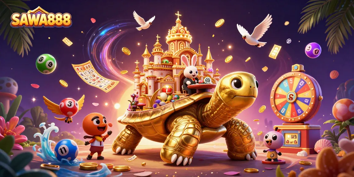Experience the excitement of SAWA888 with a dynamic casino-themed illustration featuring a golden tortoise and rabbit dealer.
