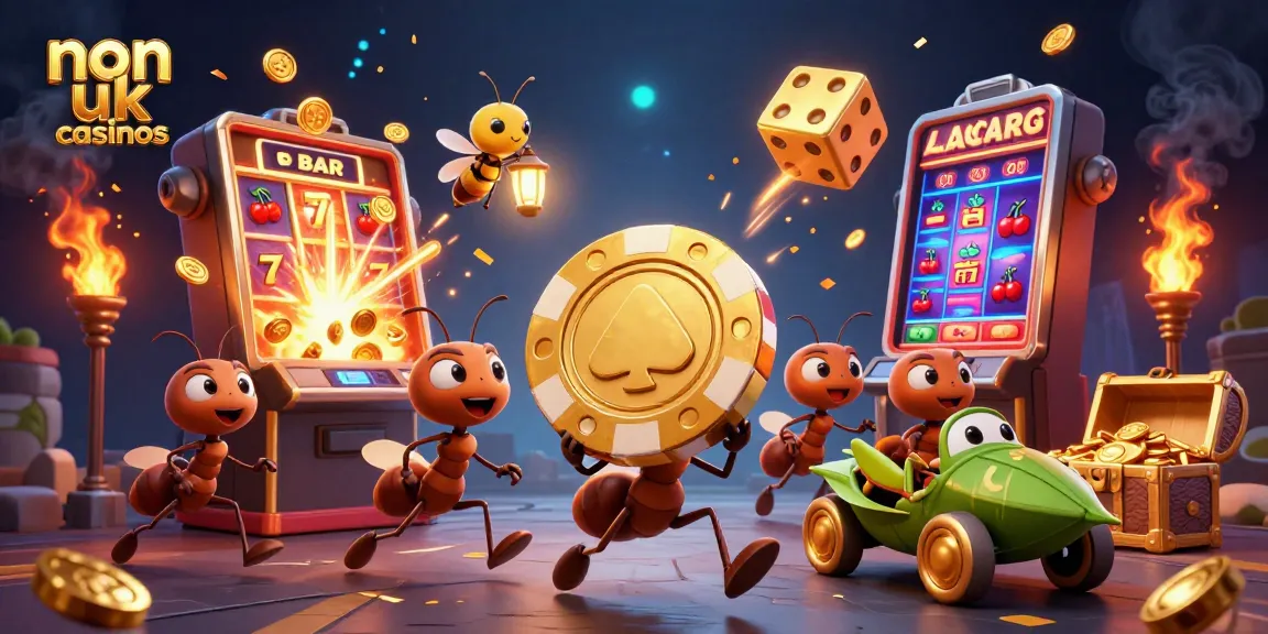 Visualize non UK casinos with a playful heist scene featuring ants and casino elements.