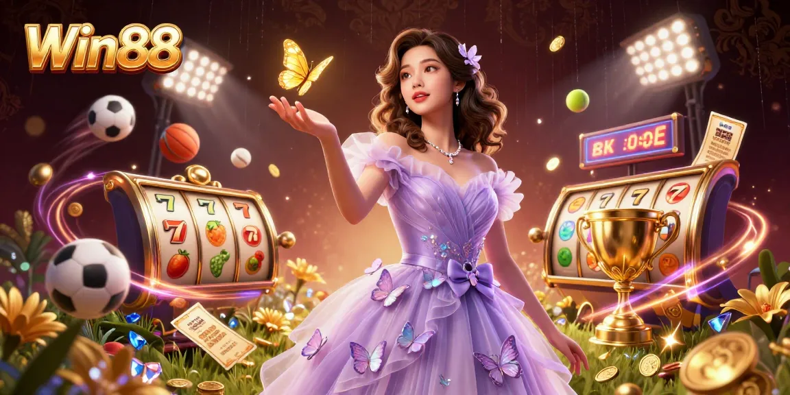 Win88 offers exciting slot jackpots with a stunning illustration of a vibrant casino environment.