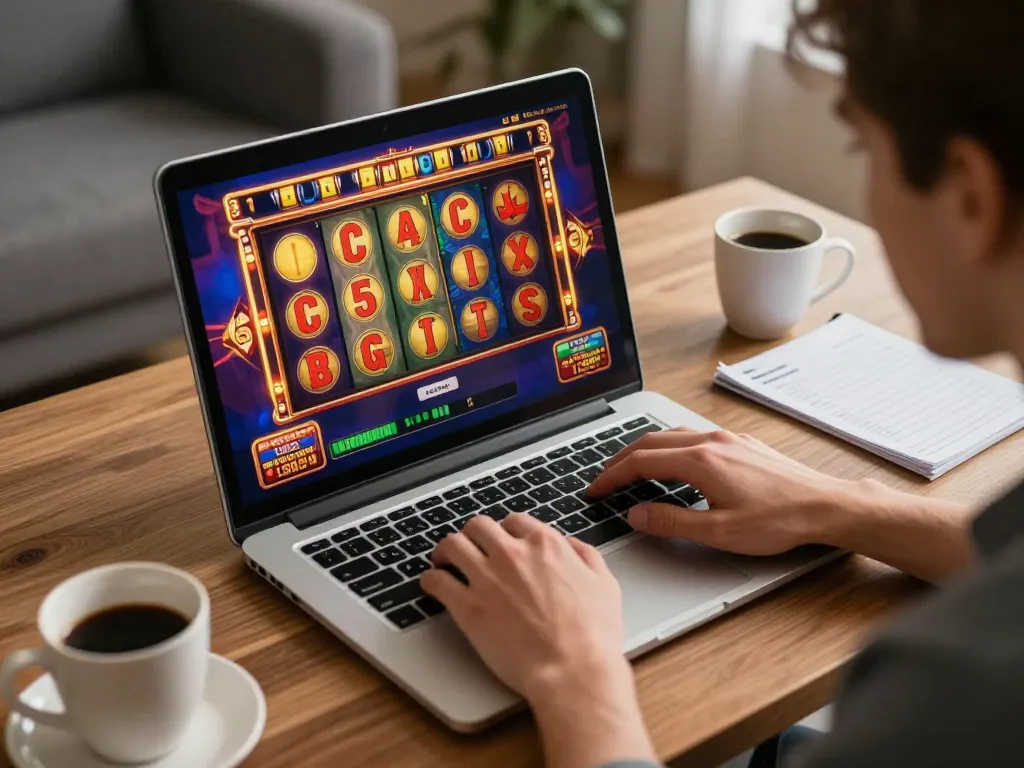 Player enjoying slot games at home, showcasing the situs gacor experience and vibrant graphics on screen.