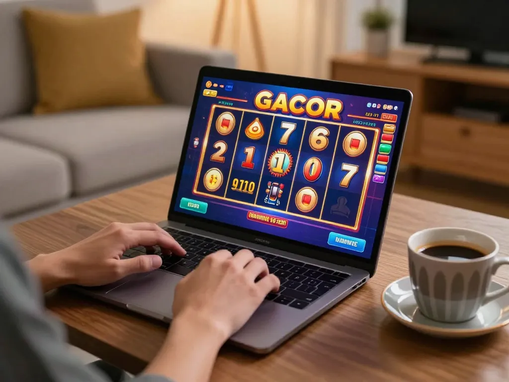 Engaging with slot gacor online, a player celebrates a win on a vibrant gaming interface at home.