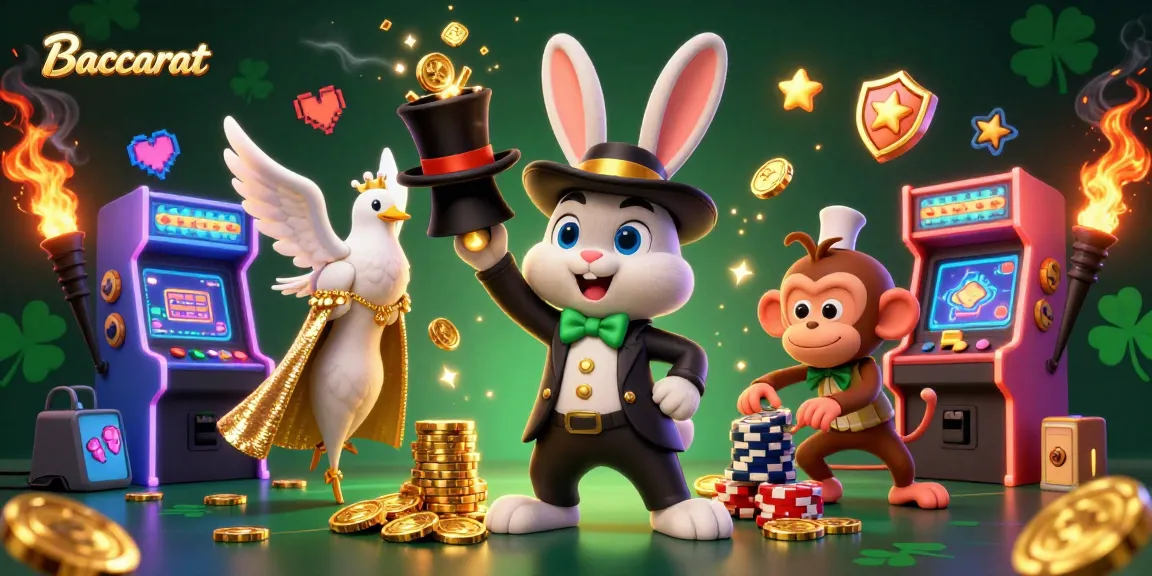 Baccarat game scene with a magician rabbit, a dazzling dove, and a cheeky monkey amidst casino elements.