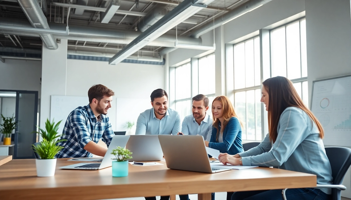 Team brainstorming at a digital marketing company, showcasing collaboration and innovation.
