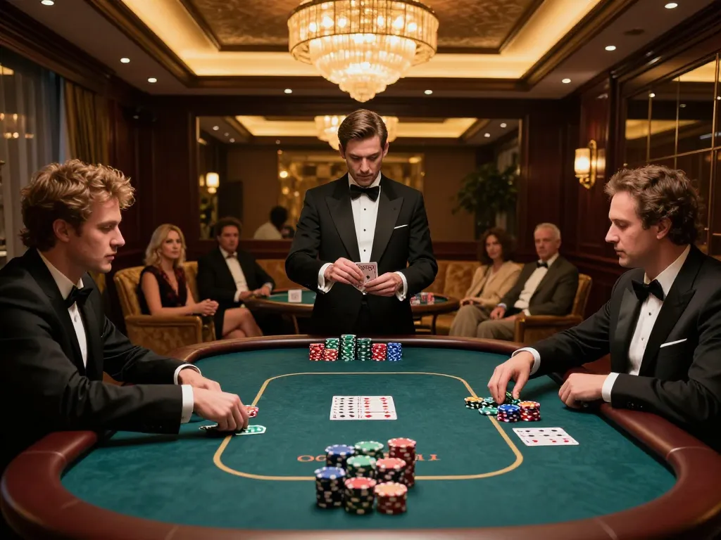 TIP88 players strategizing at an upscale poker table, capturing the excitement of high-stakes gambling.